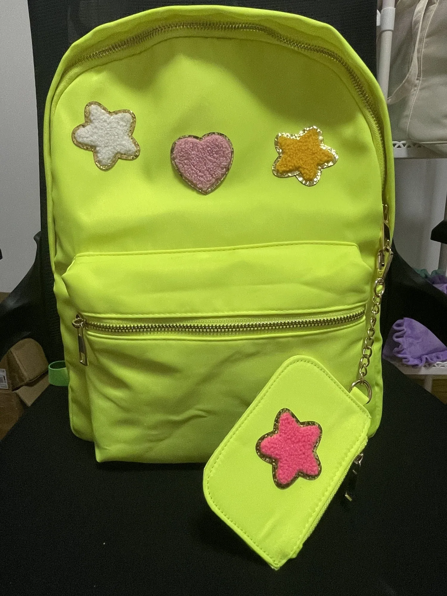 Fluorescent Green Large Capacity School Backpack Set with Keychain Card Holder DIY Personalized -Including 4pcs Patches