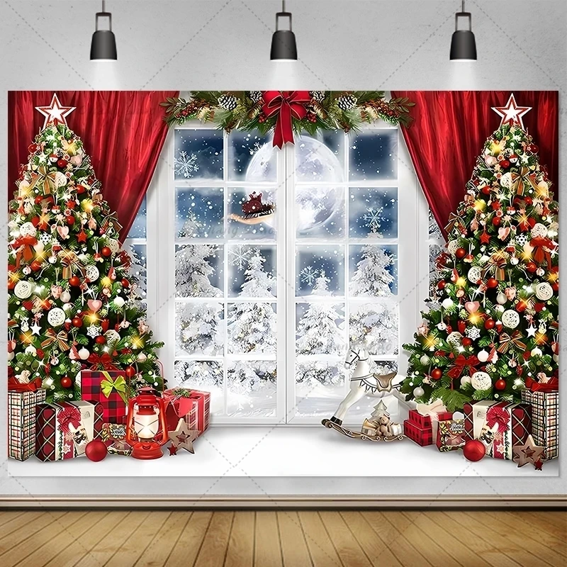 Christmas Backdrop for Photography Winter Xmas Tree Window Fireplace Gifts Wood Door Baby Family Party Portrait Photo Background