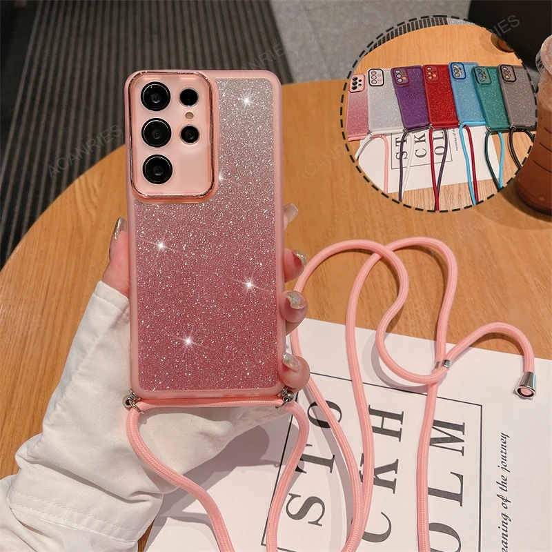 For Samsung Galaxy S24 Ultra 5G S23 FE S22 Plus S21 + Crossbody Lanyard Clear Glitter Silicone Soft Case S 24 23 22 21 24+ Cover