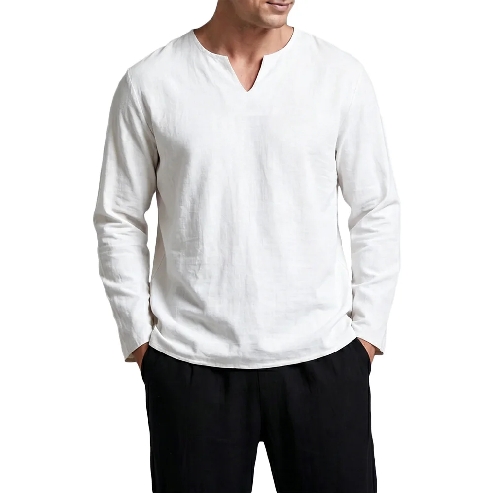 Herren-T-Shirt aus Baumwolle und Leinen mit langen Ärmeln, lässig, kleiner V-Ausschnitt, leicht, atmungsaktiv, einfarbig, schlichter Stil, Alltagskleidung für Männer