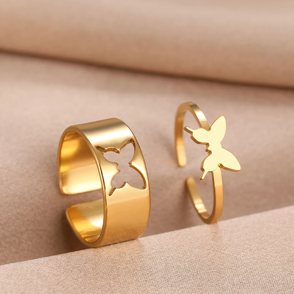 Stainless Steel Rings Vintage Delicate Butterfly Kpop Fashion Adjustable Couple Ring For Women Jewelry Wedding Gifts 2Pcs/set