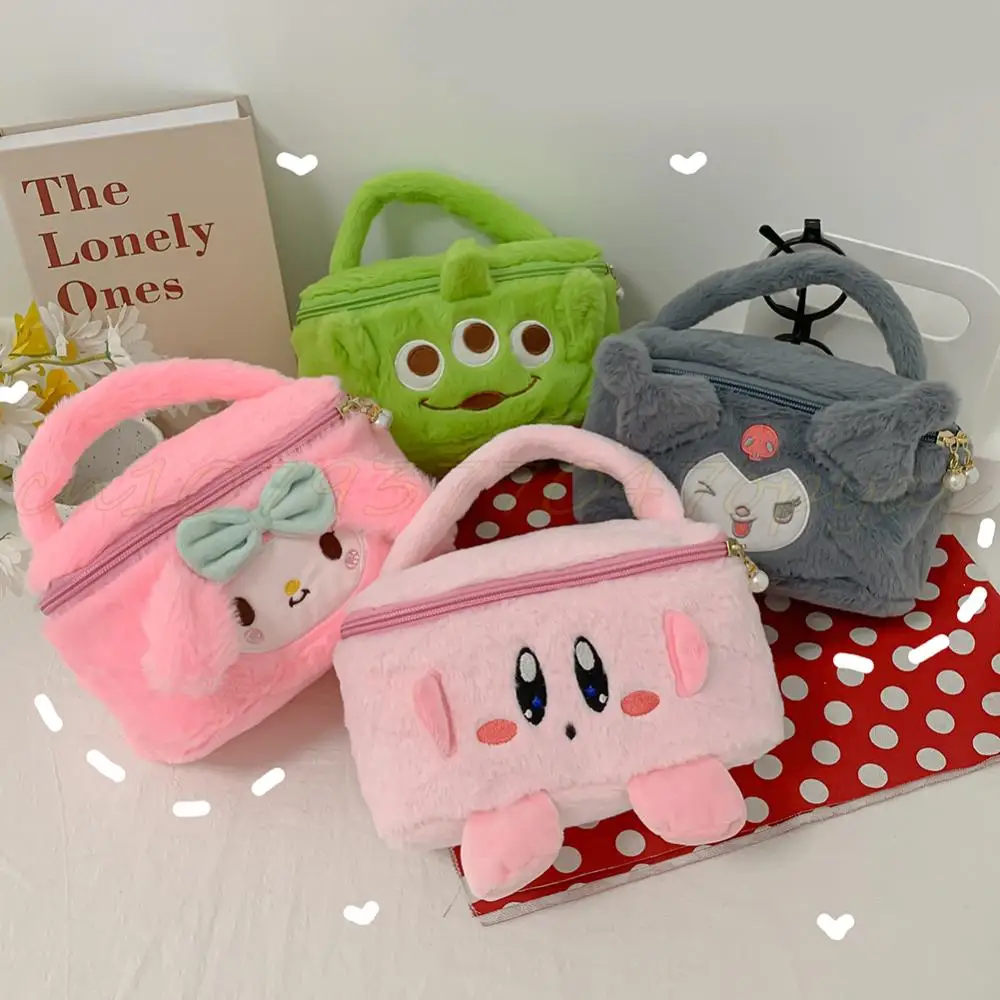 Cartoon Japanese Anime Soft Plush Makeup Pouch Lovely Design Fluffy Cosmetic Bag Portable Travel Zipper Furry Storage Handbags