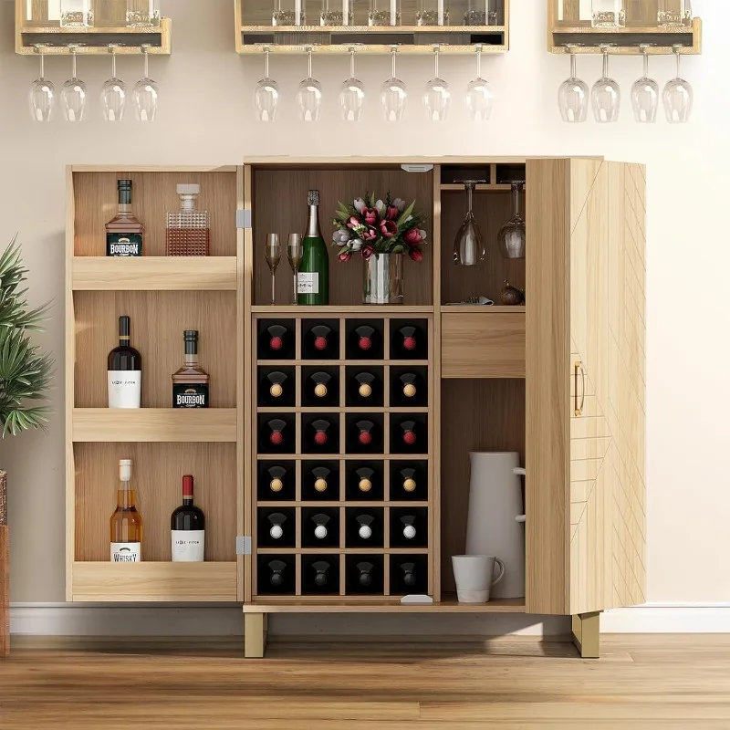 Carved Wine Bar Cabinet,Farmhouse Wooden Sideboard Buffet with 24 Wine Rack and 3 Size Glass Holder,Freestanding Liquor