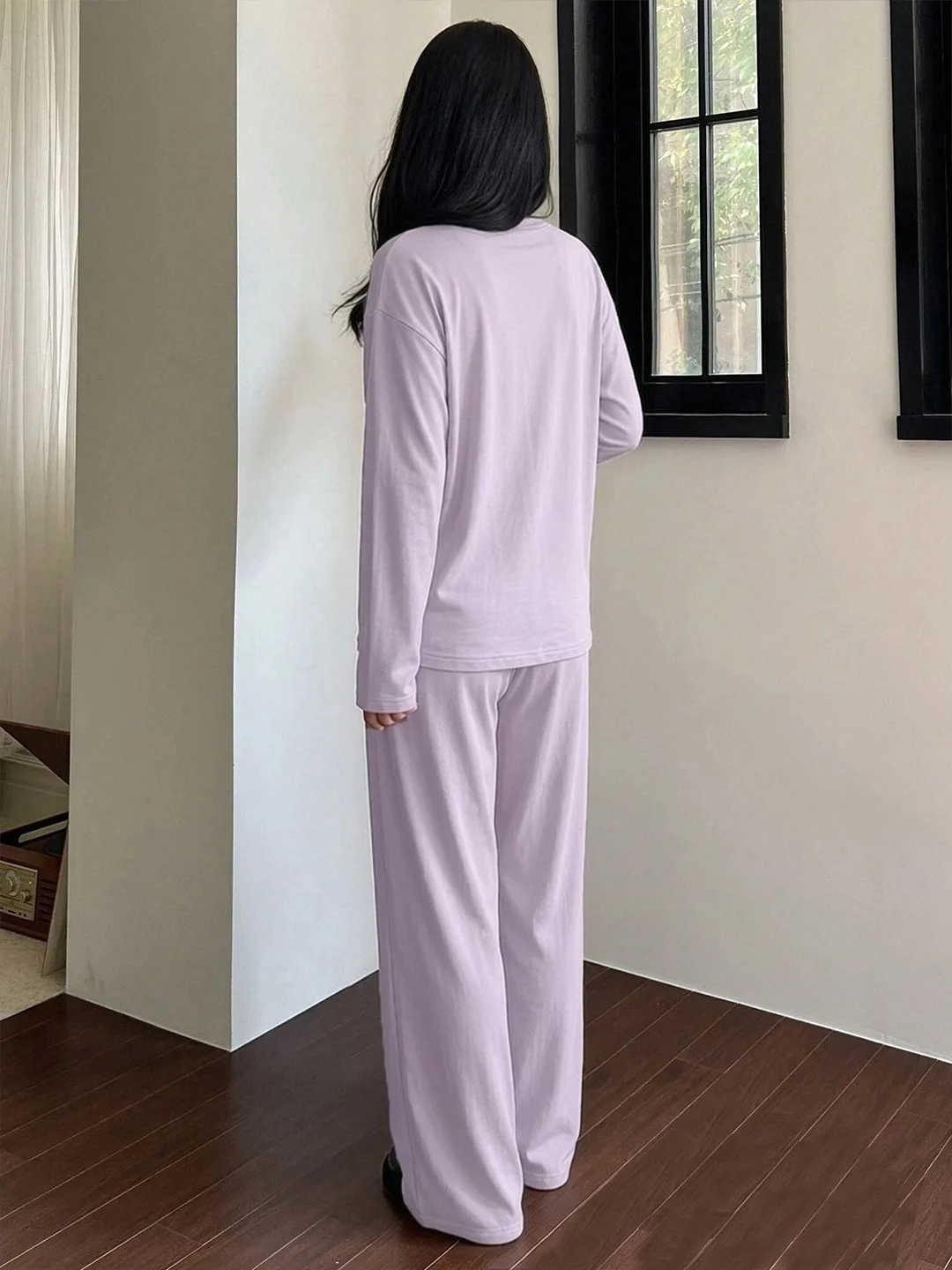 Women Solid Soft‑Feel 2‑Piece Outfit, Crew Neck Long Sleeve Chest Pocket Top & Elastic Waist Drapey Wide Leg Pants