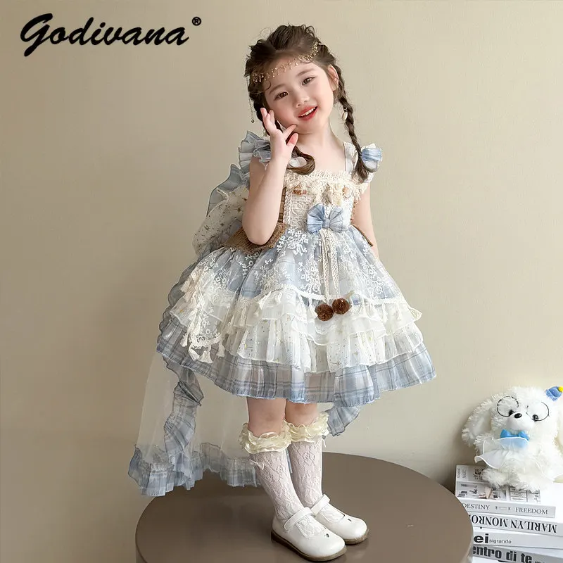 

Sweet Baby Girls Lolita Princess Dress Summer 2026 New Childrens Feifei Sleeve Lace Embroidery Mesh Plaid Birthday Party Dress