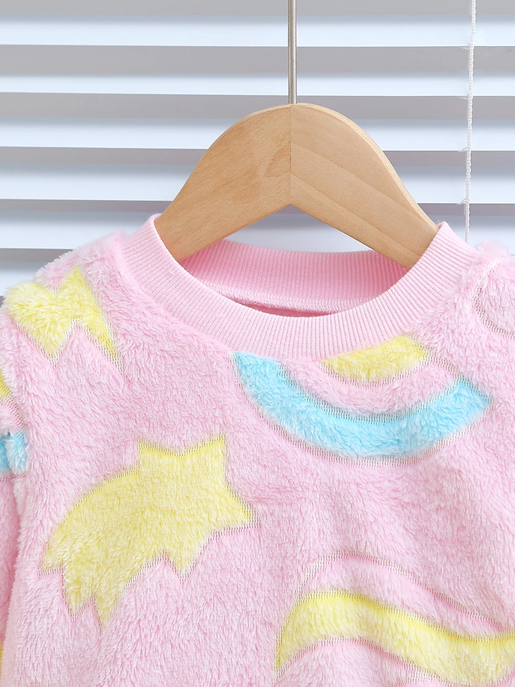 2pcs baby girl autumn and winter night light rainbow love cloud pattern plush thick long sleeved top and pants Chid Accessories