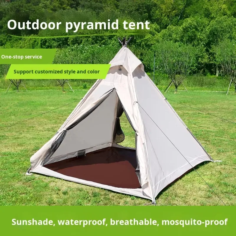 

Outdoor Camping Summer Family Pyramid Tent Portable Folding Oxford Cloth Triangle Indian Anti-mosquito Net Sunscreen Rainproof