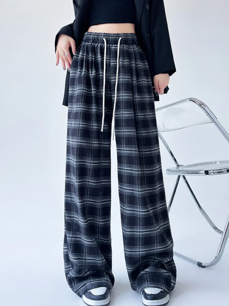 Bornladies  Autumn New Retro Plaid Pants American Loose Casual Wide Leg Trousers Women's Lazy Slimming  Floor Checkered  Pants