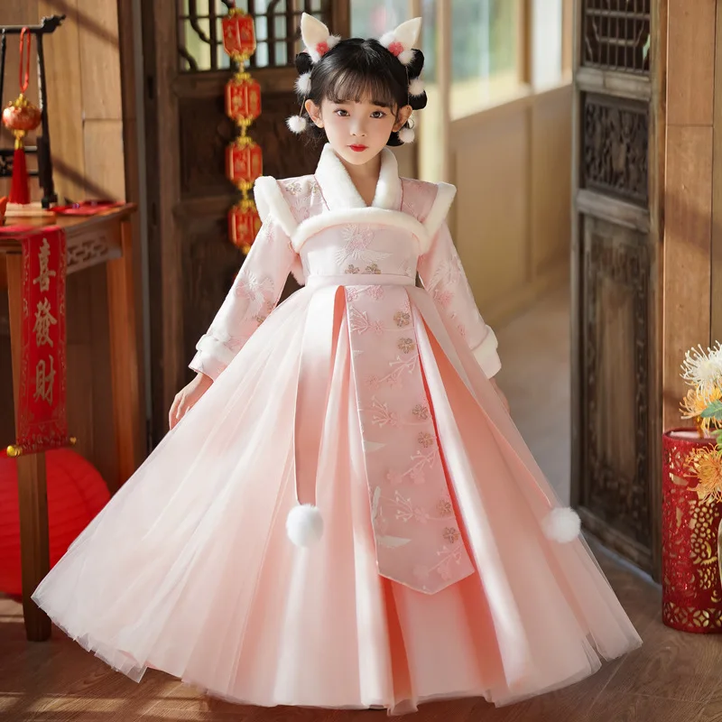 

Новинка 2024 года, детский зимний теплый костюм Феи Ханфу для маленьких девочек, платье Тан с вышивкой, детский подарок на день рождения, китайская новогодняя одежда