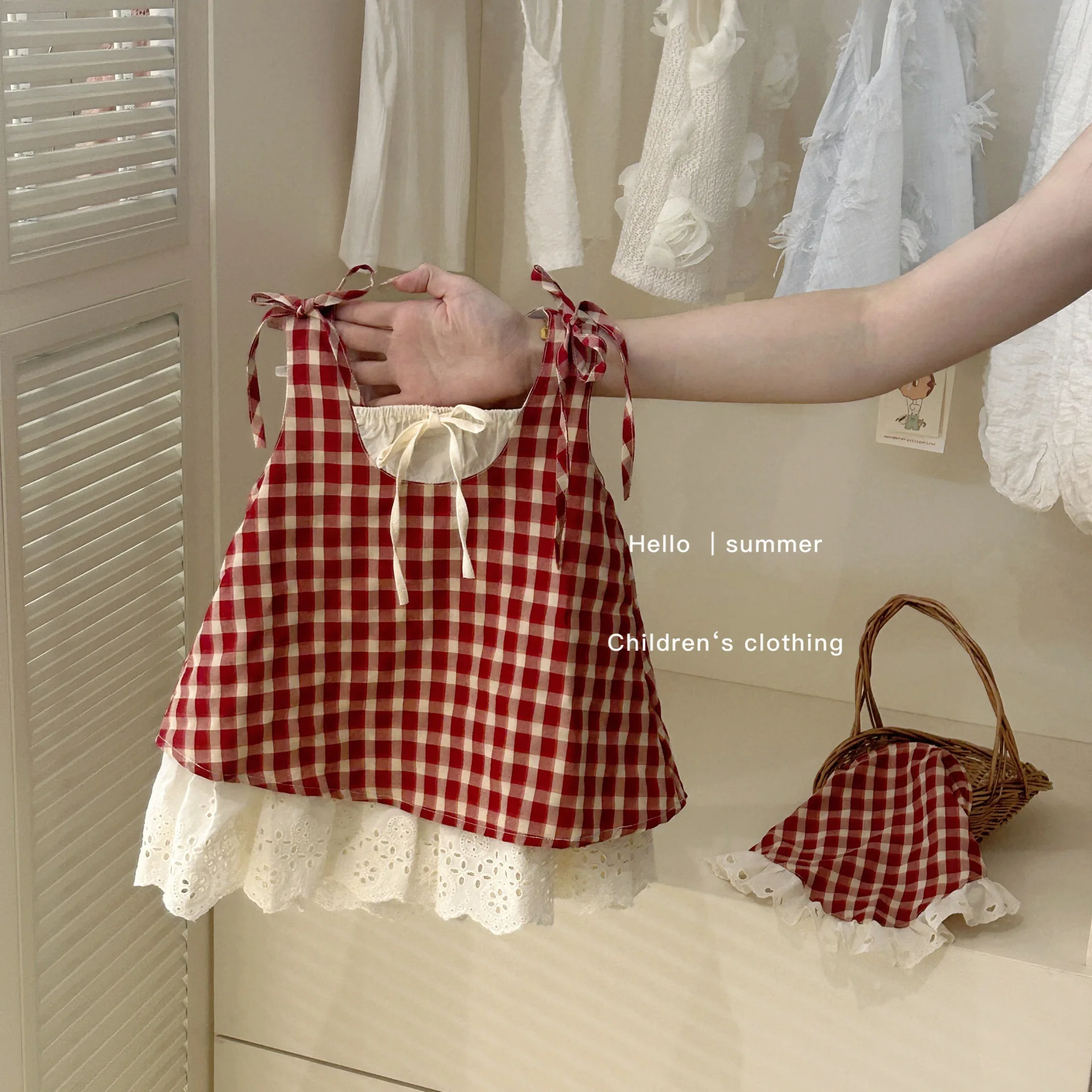 Red Checkered Sleeveless Dress for Girls Summer New Style Bow Vest Dress Children's Fashion Clothing