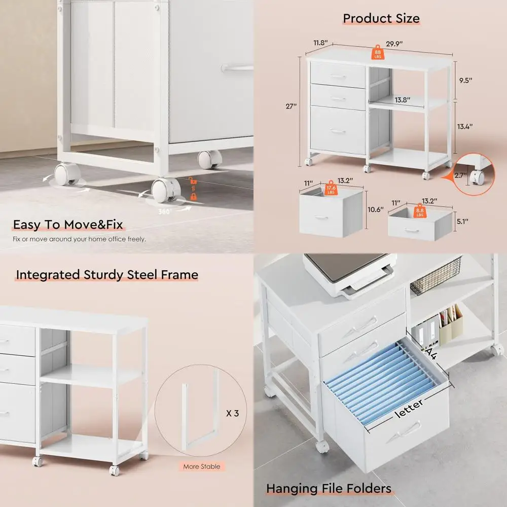 

White Rolling 3-Drawer File Cabinet with Open Shelf and Fabric Lateral for Home Office
