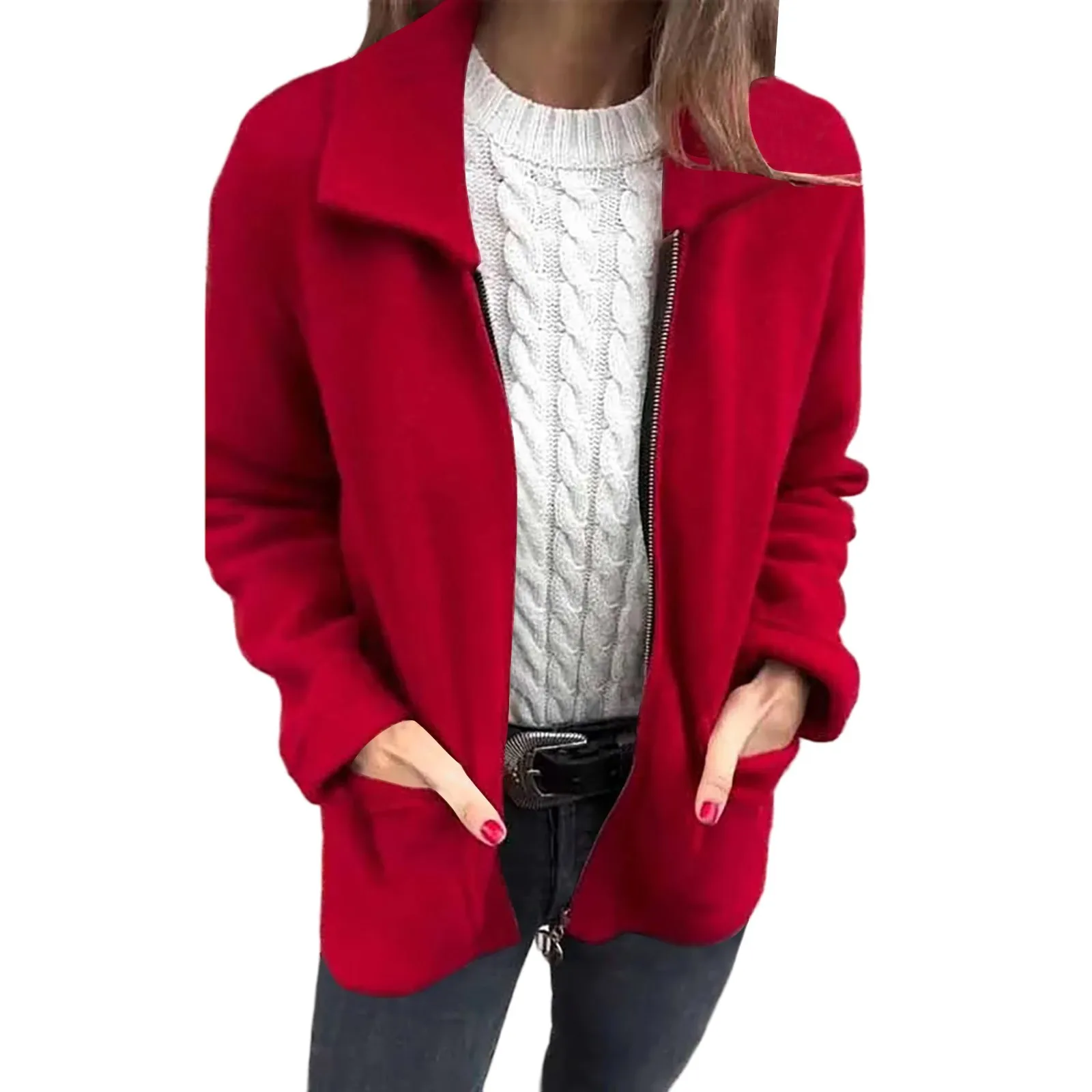 

Women's Fall/winter Lapel Solid Color Zip Up Pocket Jacket Mid Length Womens Tall Coat Winter Women Coats