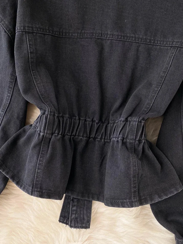 Fall 2026 New Retro Denim Jacket Coat Female Temperament V-neck Single-breasted Beaded Waist Slim Jacket Top KK1333