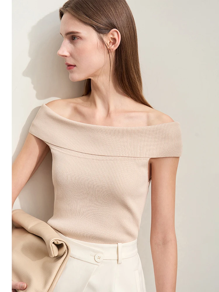 Amii Minimalism 2024 Knit Sweater for Women Summer New Modern Chic Folded Slash Neck Strapless Slim Retro Female Tops 12442269