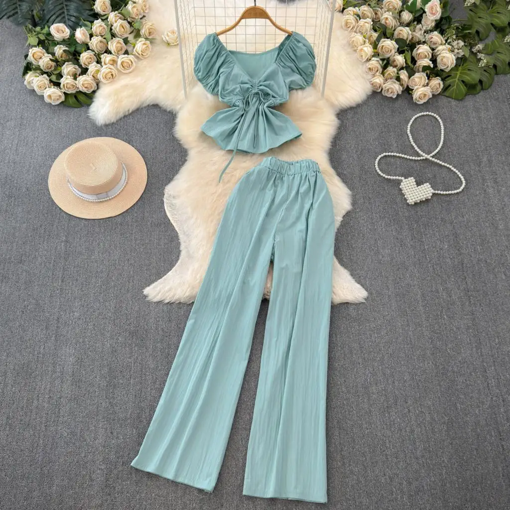 Summer Solid Chic Women Fashion New Pantsuit Vintage Short Sleeve Crop Tops Straight Pants Outfits Female Holiday Two Pieces Set