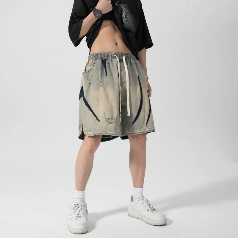 

Waed Vintage Yellow Clay Color Men's ort Jeans Casual Loose Straight Leg Five-Quarter Length with Rips Trendy Streetwear