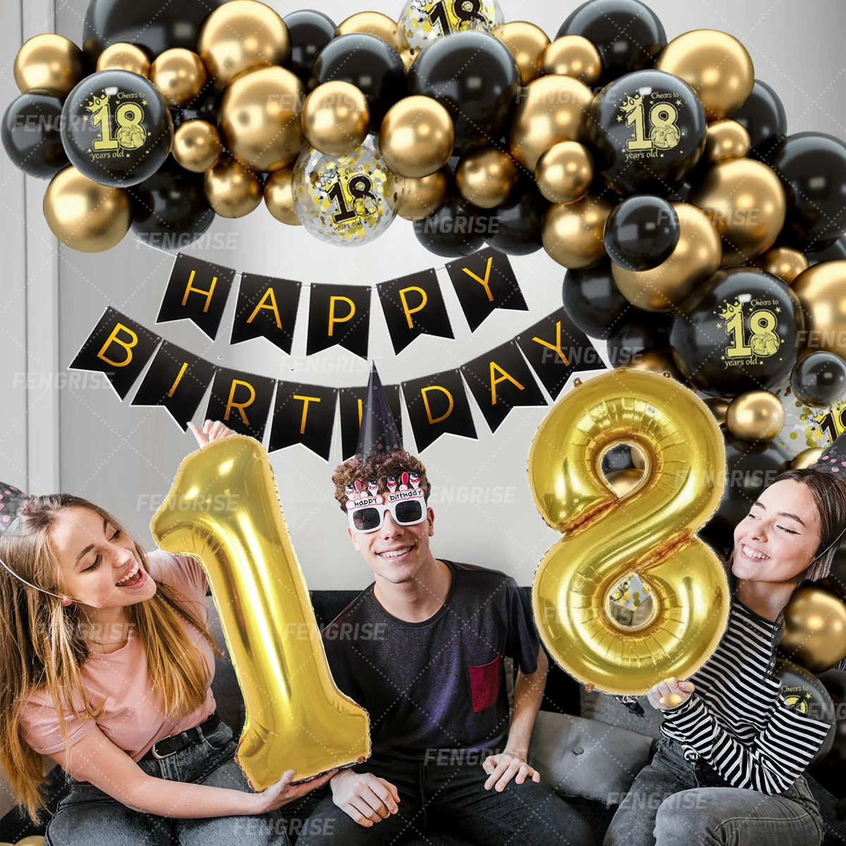 Black Gold Balloon Garland Arch Kit Happy 18 30 40 50 Year Old Birthday Party Decor Adults Anniversary Confetti Latex Balloon