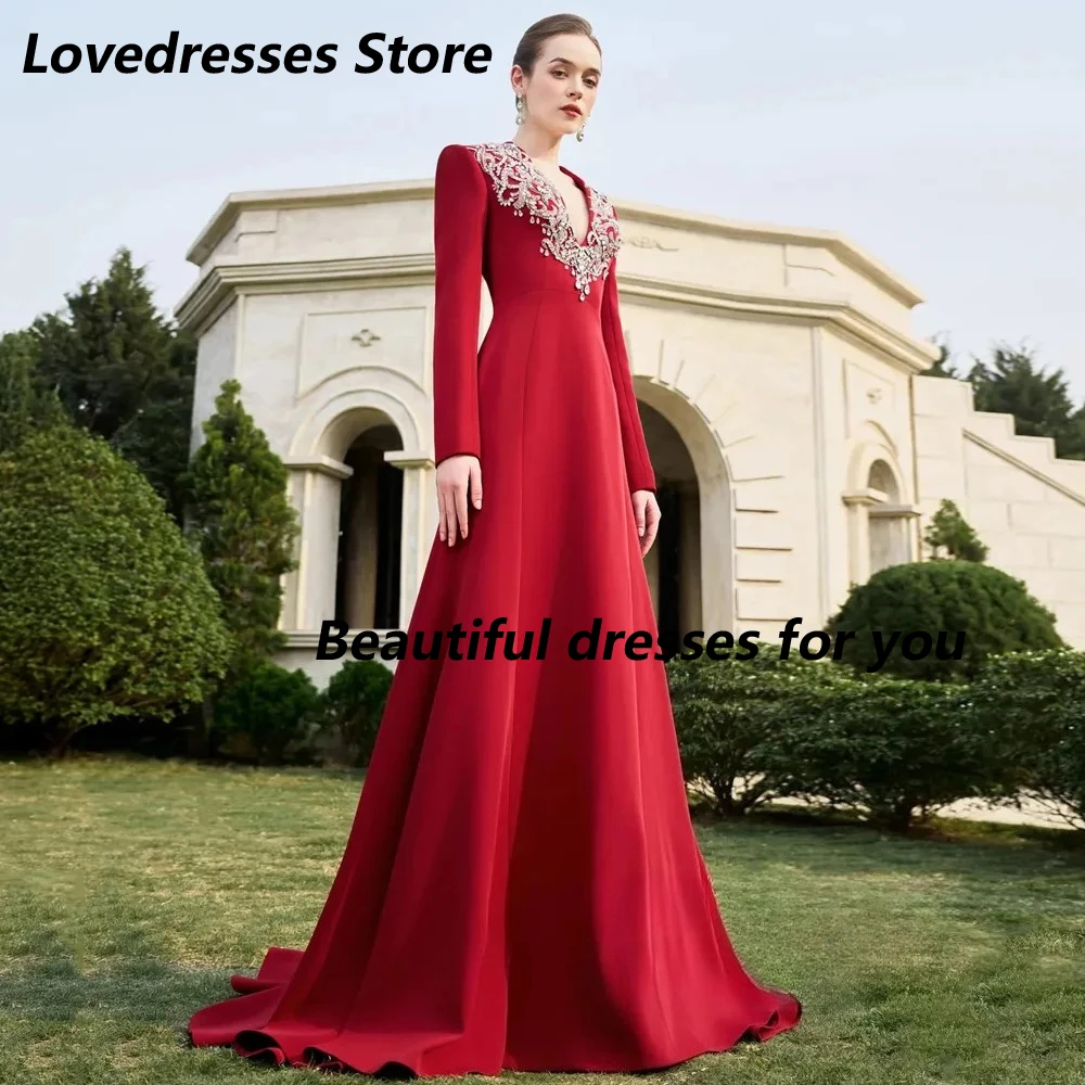 Red Evening Dress Customized V Neck Long Sleeves Beading Stone A Line Sweep Train Formal Prom Gowns Modern Prom Dress