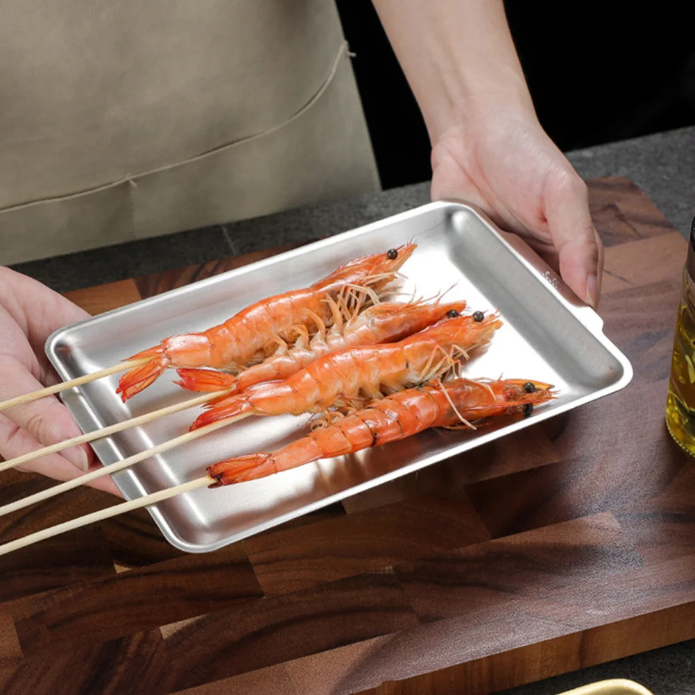 

1pc Stainless Steel Oblong Baking Tray Smooth Edges Bbq Picnic Camping Food Storage Plate For Sushi Dessert Fruits Snack