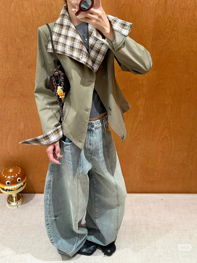 Plaid stitched double-breasted fitted waist motorcycle jacket with padded shoulders and high-end short style