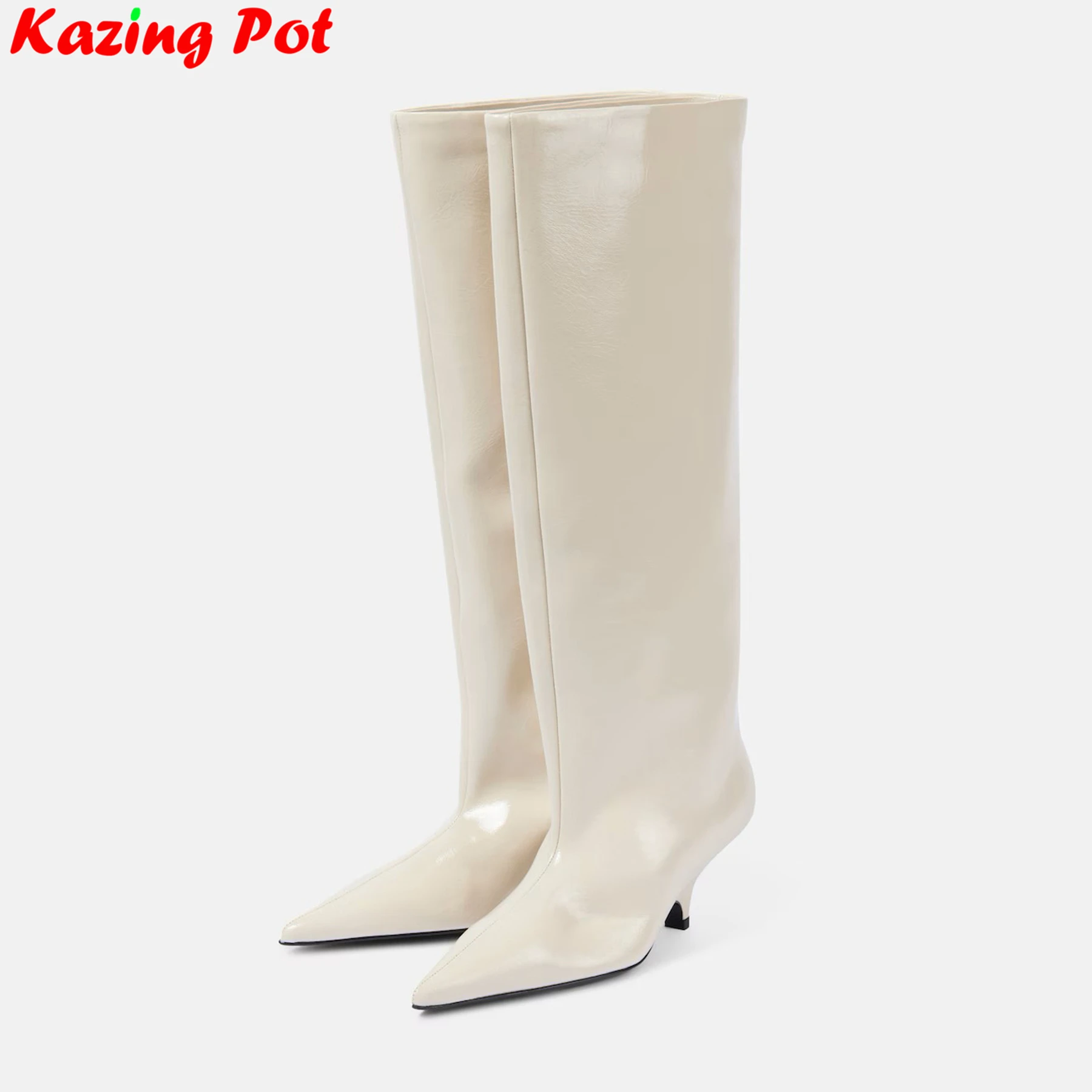 Krazing Pot Plus Size 33-46 Cow Leather High Heels Modern Long Boots Runway Pointed Toe Retro Warm Winter Women Knee-high Boots