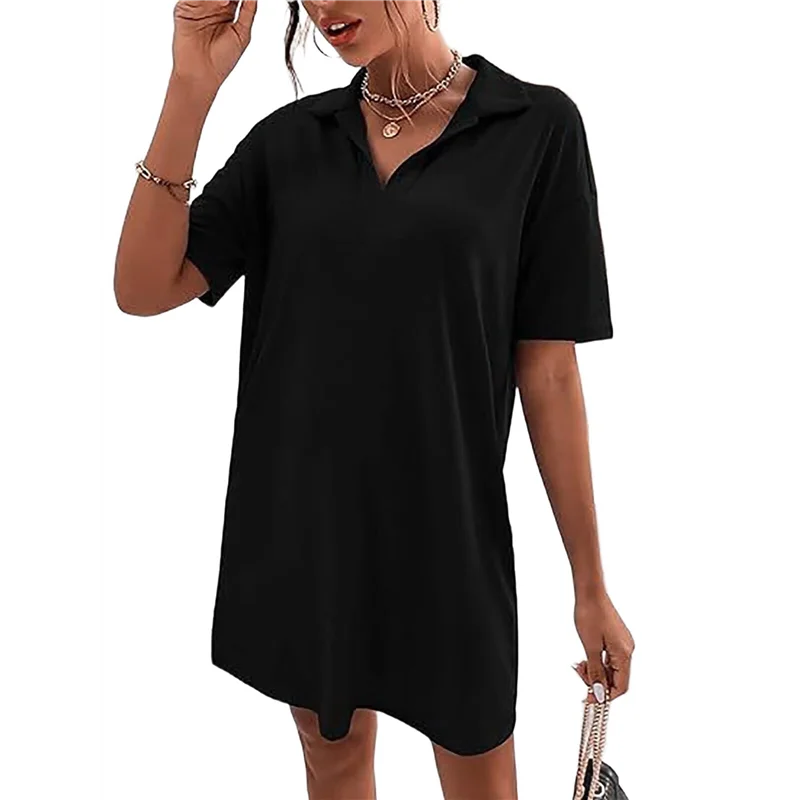 فستان نسائي صيفي برقبة على شكل حرف V صيفي بأكمام قصيرة وفضفاض غير رسمي بياقة تي شيرت