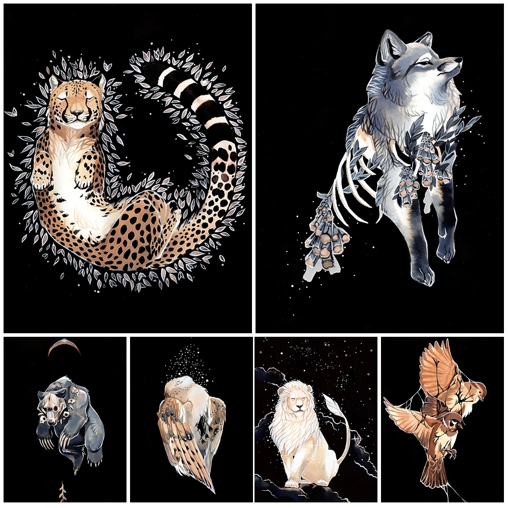 

Lion,Cheetah,Sirius Vintage Animal Wall Art Canvas Painting Sun,Moon,Stars And Birds Poster And Print Home Decoraiton Unframed