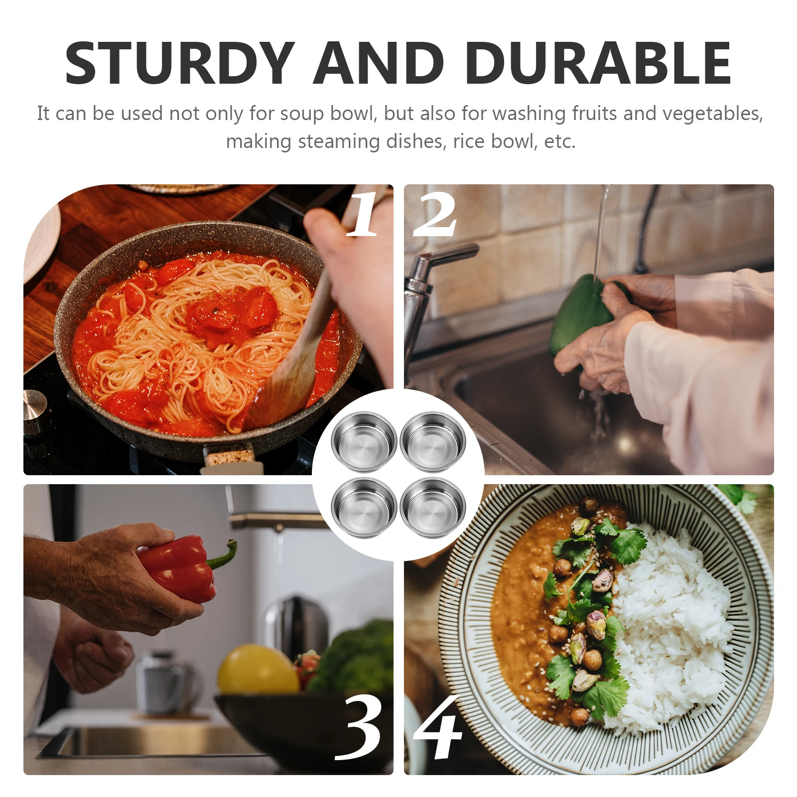 

4Pcs Stainless Steel Soup Bowls Practical Kitchen Utensils for Home Food Bowl Washing Fruit Steaming Rice Tableware