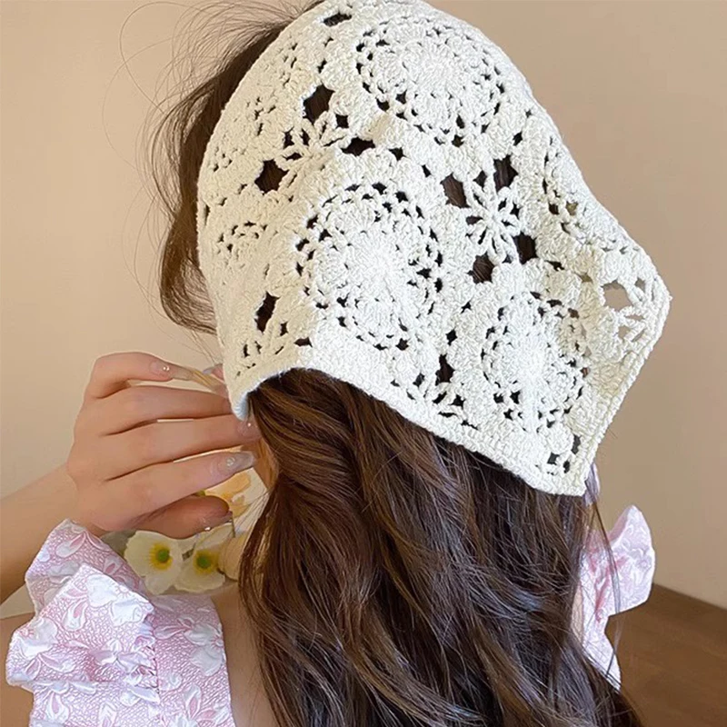 Bufanda triangular calada de encaje para el pelo, diadema para mujeres y niñas, diademas de flores tejidas de algodón, sombreros para fotos literarias de viaje de verano