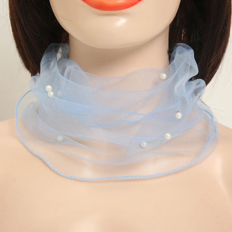 Transparent Lace Beaded Scarf Thin Sunscreen Scarves Organza Elastic Small Neckerchief Mesh Fake Pearl Collar Elegant Scarf