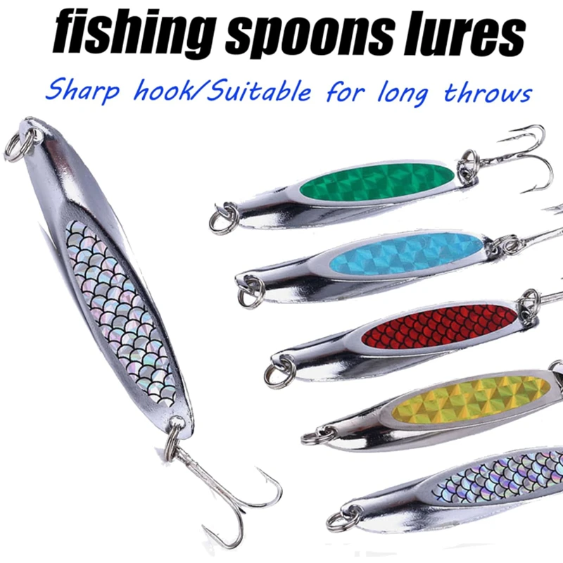 5-1PC 7cm 21g Silver Plated Metal Spoon Lure with Holographic Laser Lure Sticker Artificial Fish Scale Skin Spoon Lure Hard Bait