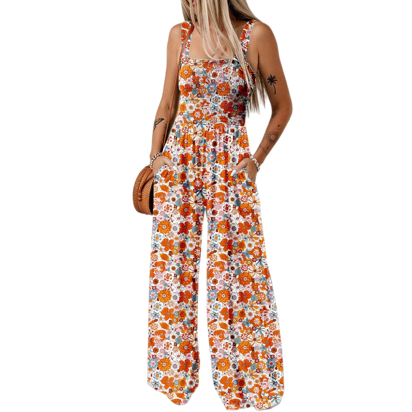 

Casual High-waisted Spaghett Straps Print Flowers Jumpsuit With Pockets