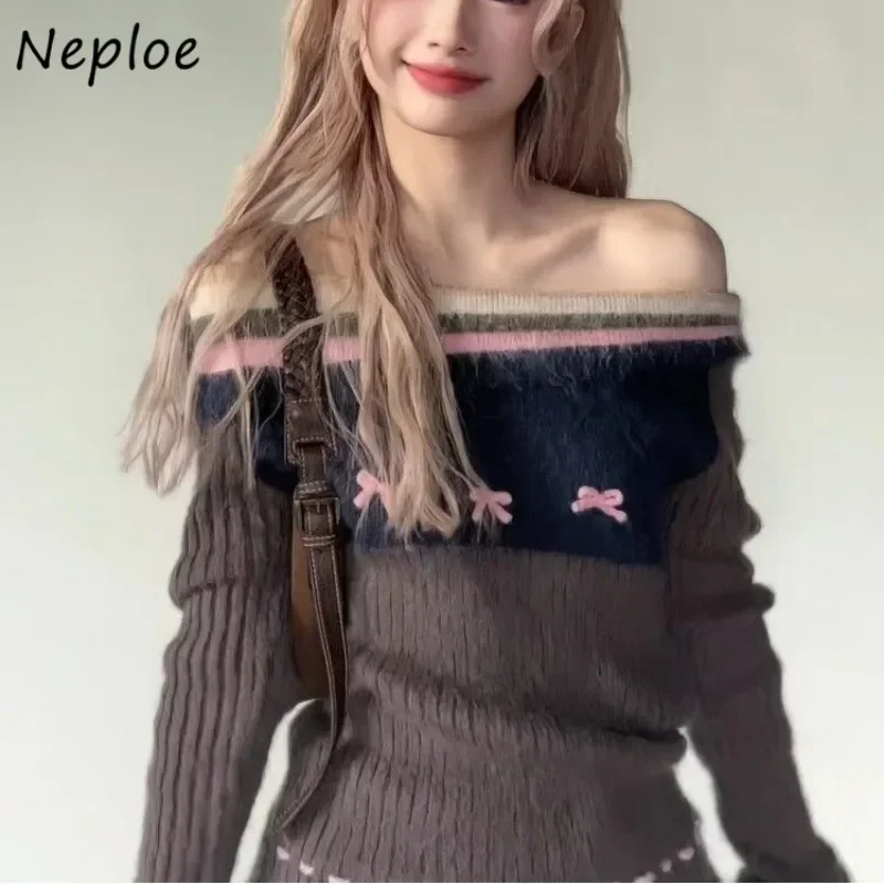 Neploe French Sweet Style Waist Pinching High-End One Shoulder Pullovers Femme Slimming Niche Butterfly Knot Knitted Sweater