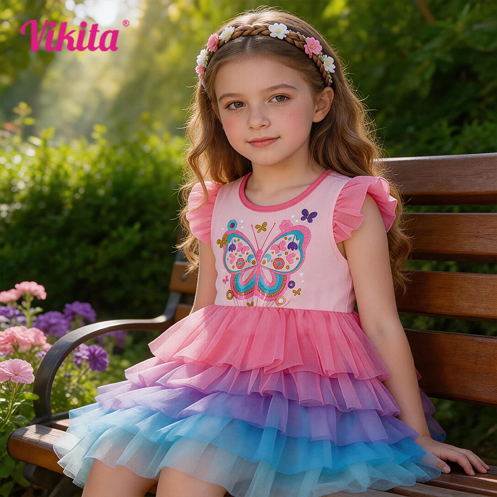 Mädchenkleid mit Schmetterlingsdruck und Stufen-Tüllrock, Flatterärmel, Sommerliches Rosa Tutu-Kleid, Ombre-Partykleid, Elegantes Tanzoutfit für Kinder