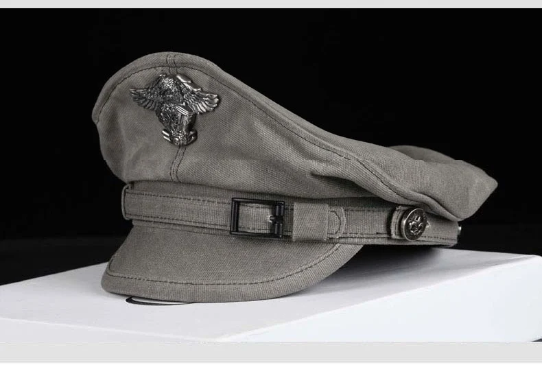 2025, Frühling, Retro-Matrosenkappe, für Herren und Damen, Hut, männlich, Segeltuch, flache Oberseite, grauer Adler, Windschutz, Gürtel, Lokomotive, Casquette – Detail 7