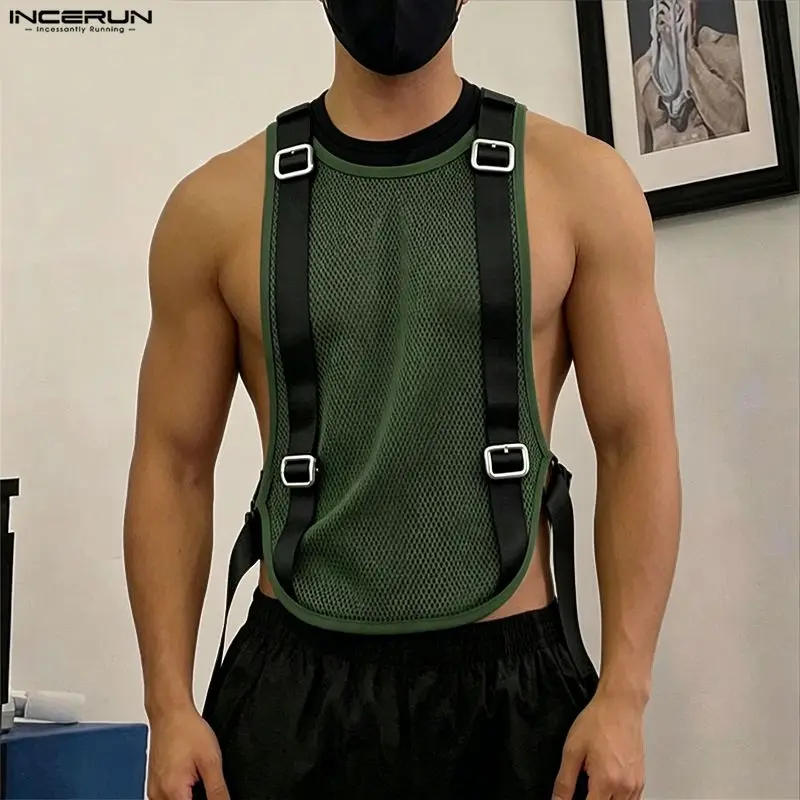 INCERUN Men Tank Tops Mesh Patchwork O-neck Sleeveless Male Vests Summer Streetwear Hollow Out See Through Sexy Men Clothes Tops
