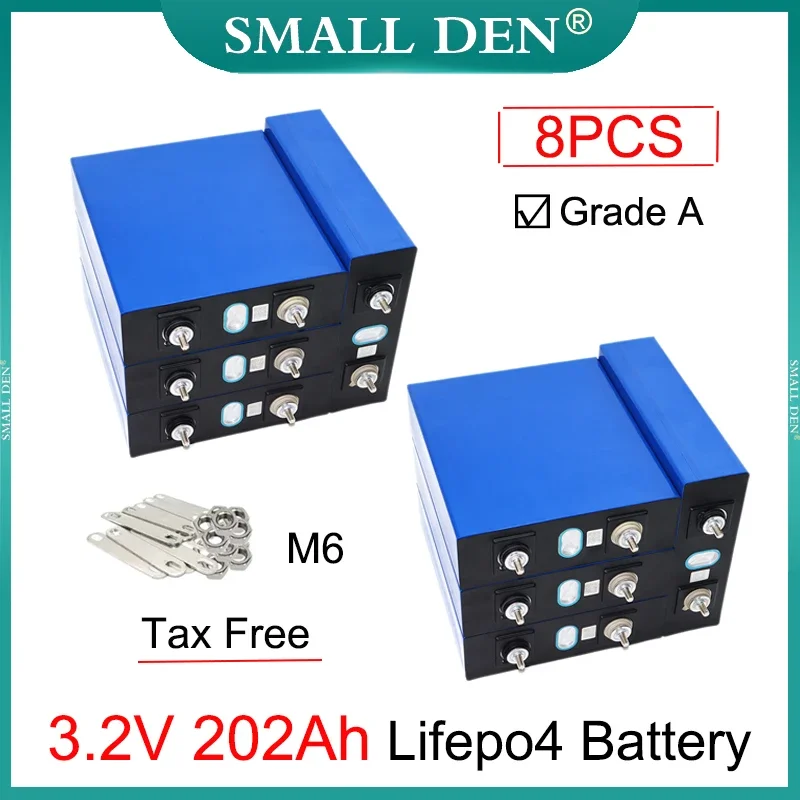 

8PCS New 3.2V 200Ah 202Ah Lifepo4 Battery Grade A 3C Lithium Iron Phosphate DIY 12V 24V Solar Inverter E-car RV Golf Carts Yacht