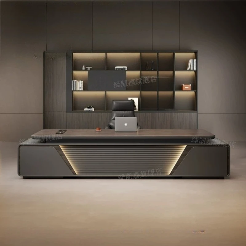 L‑Shape Lacquered Executive Boss Desk Modern Luxury Office Table with Ambient Side LED Light for Manager Director Workspace