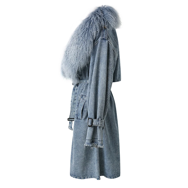 Lady Fashion Mongolian Fur Collar Denim Jacket Spring Autumn Long Trench Coat with Fur Detachable Collar