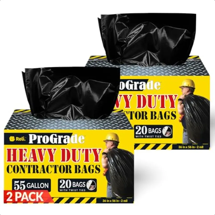 

Contractor Garbage Bags 55 Gallon 40 Trash Bags Heavy Duty Black Contractor