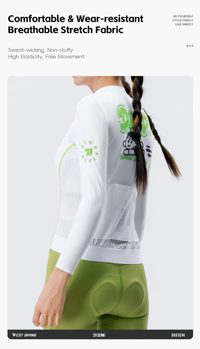 WEST BIKING Damen Fahrradtrikot Langarm Atmungsaktiv Schnelltrocknend Weiß Grün Racing Slim Fit Fahrradbekleidung Sommer-Reitoberteil – Detail 11