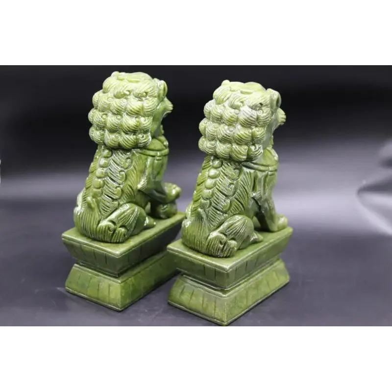 1 Pair China Green Jade Carved Fengshui Foo Fu Dog Guard Door Lion Office Decor