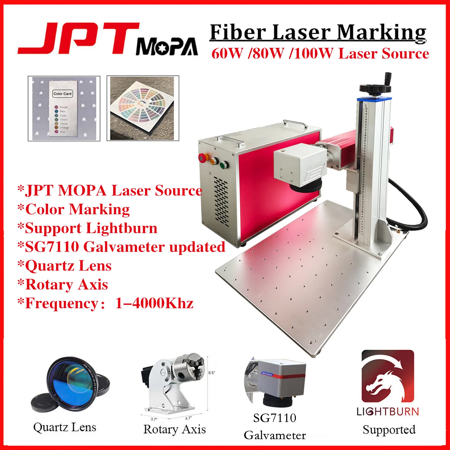 SG7110 Galvo Fiber Laser JPT MOPA M7 60W 80W 100W Fiber Marking Machine Quartz lens Color Engraving Metal Steel with Rotary Axis