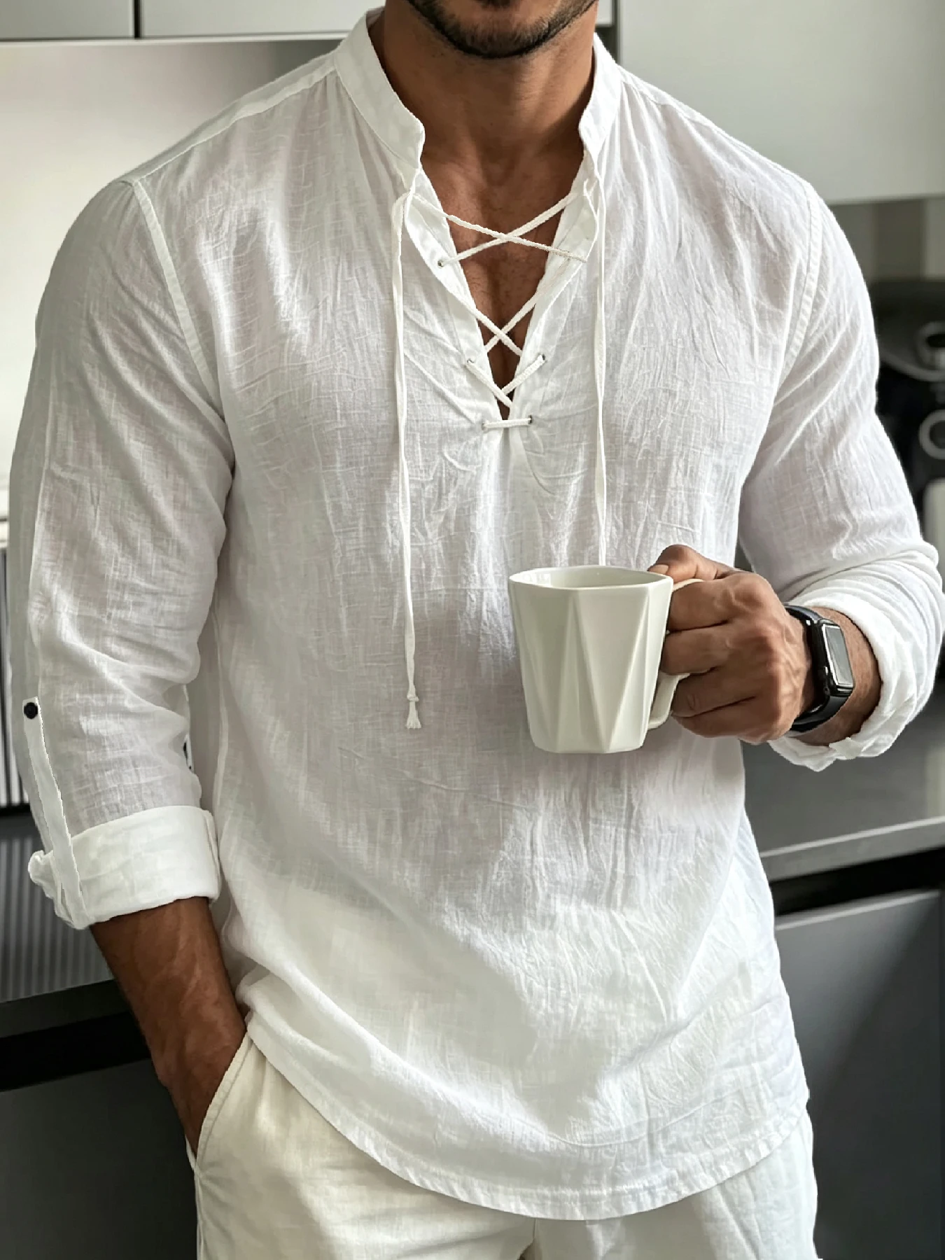 Men's Stand Collar Lace-Up Linen Shirt, Casual Vacation Style Long Sleeve Top, Adjustable Roll-Up Sleeves, Breathable Skin-Frien 1