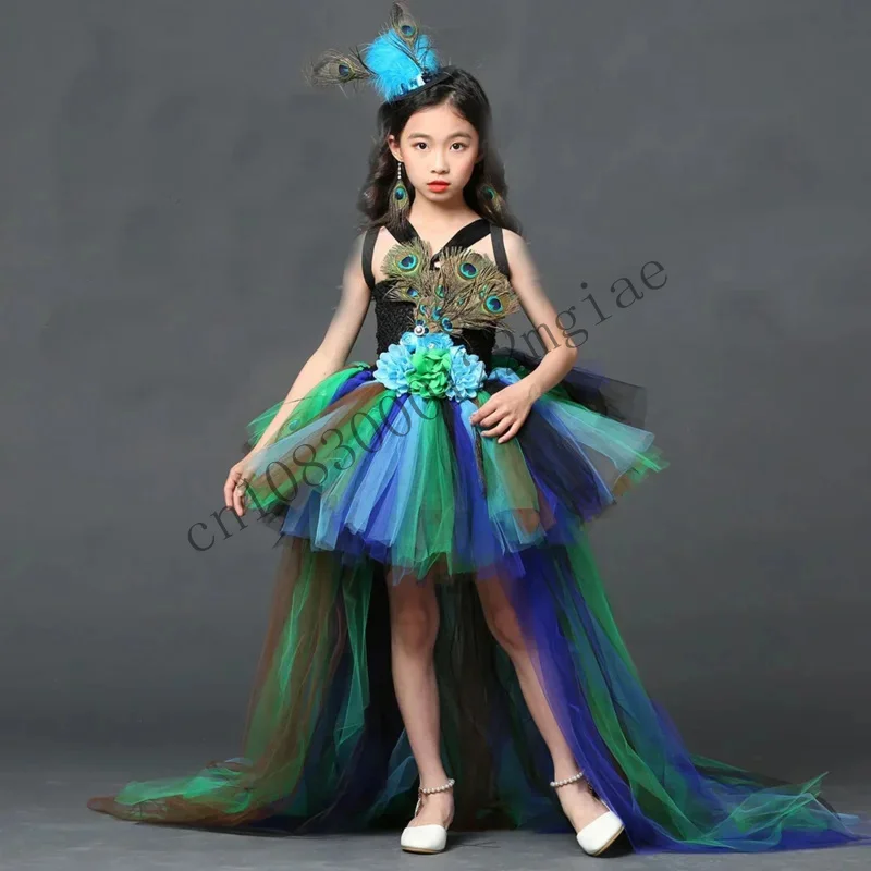 Flor tutu vestidos crianças festa vestido de noite baile de formatura vestido crianças pena de pavão halloween dres cmm221