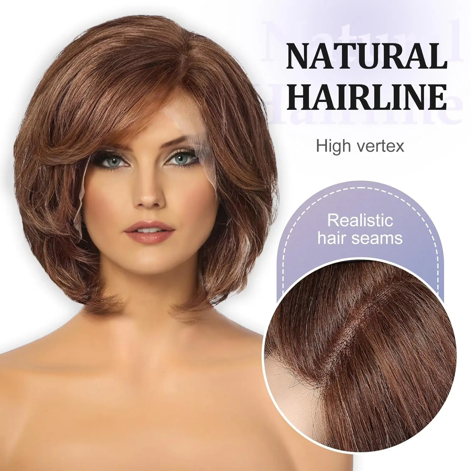 12 Inch Human Hair Wigs For Women,Brown Short Layered Wavy Bob Wig With Bangs,Hd Lace Front Wigs