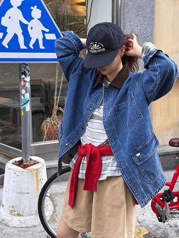 Retro Hong Kong Style Loose Long Sleeve Collared Denim Jacket for Women Chic Autumn New Arrival Velvet Color Block Pocket Design