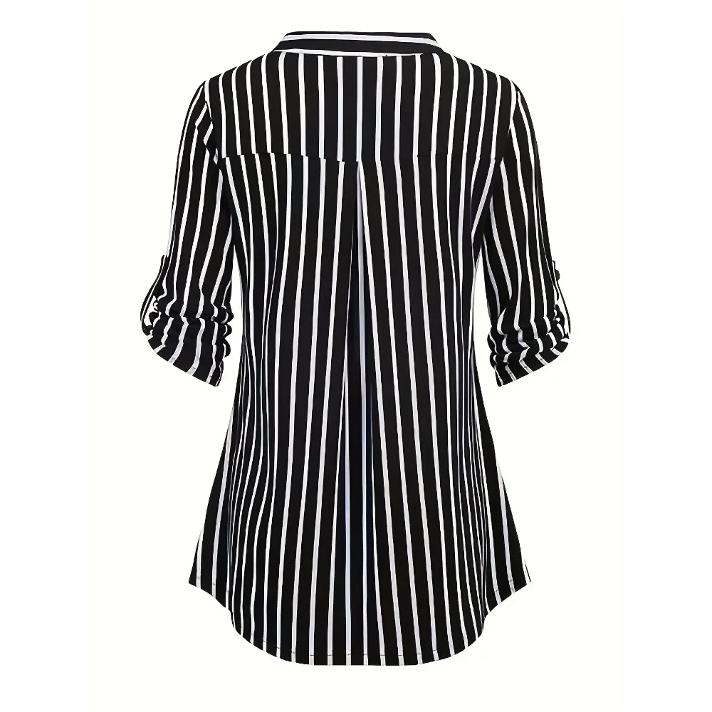 Grande taille 1XL-5XL femmes rayure manches 3/4 chemises fermeture éclair col en V Blouses haut femmes printemps/automne mode rayure motif chemise