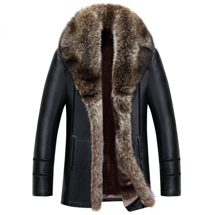 

Winter Jacket Men Clothes Casual Men's Leather Jacket Warm Raccoon Fur Collar Fashion Coat Single-breasted Chamarra De Hombre