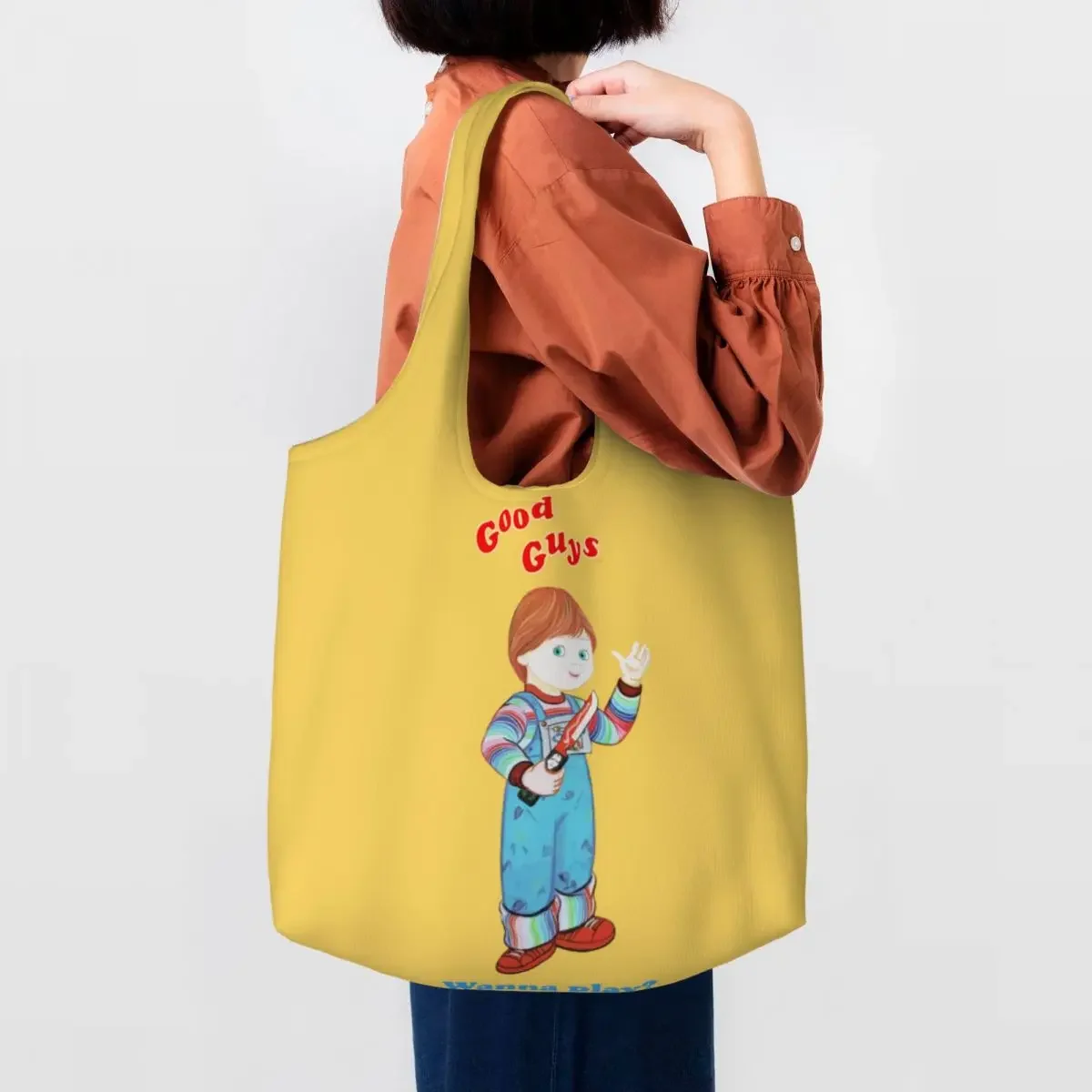 Reusable Good Guys Chucky Shopping Bag Women Shoulder Canvas Tote Bag Washable Grocery Shopper Bags Photography Handbag